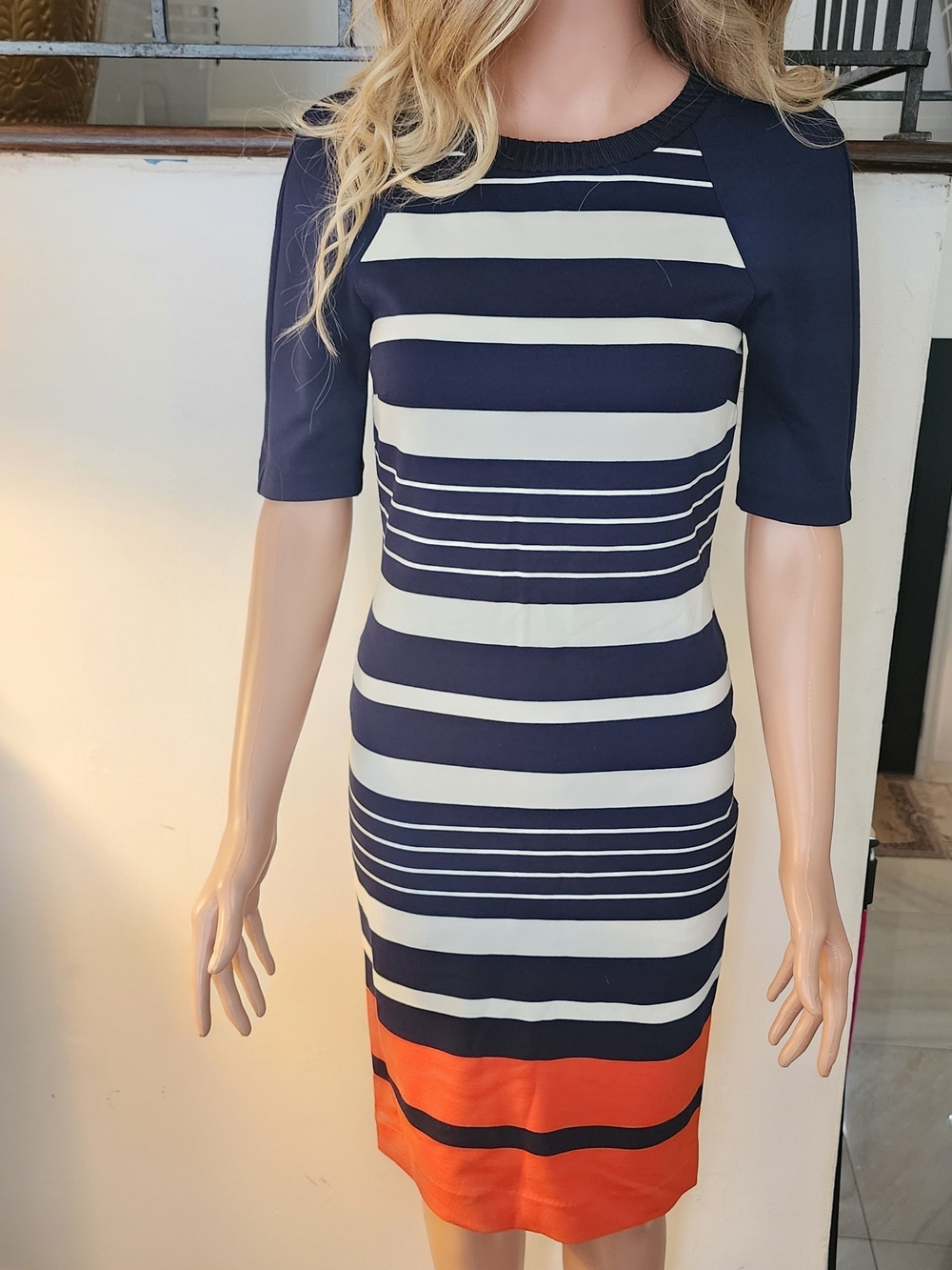 Michael Kors Navy, White & Orange Striped Midi Sheath Dress